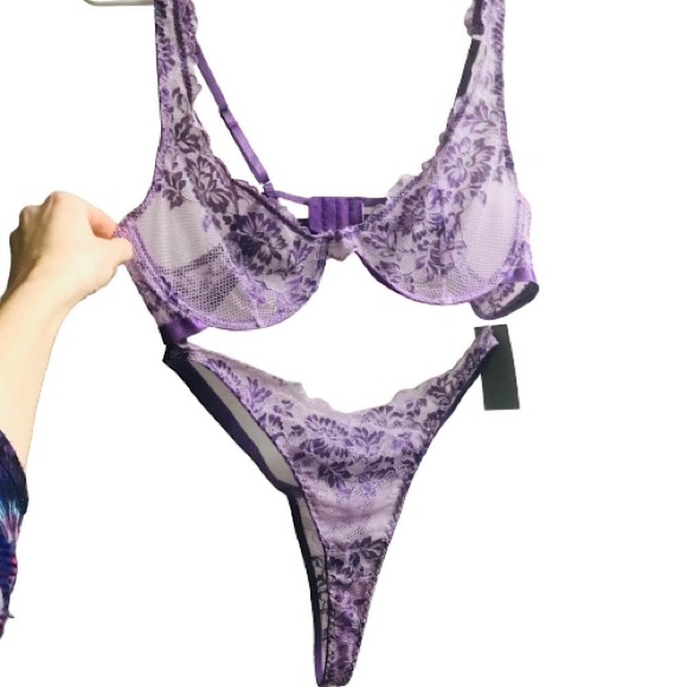 💜 XXL Sexy PURPLE Lace Lingerie Bra & G String Thong Underwear Floral Quality